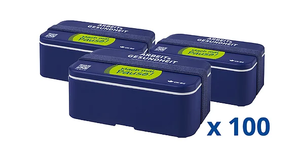 Blaue Lunchbox mit Logo "Arbeit & Gesundheit" und grünem Badge "Mach mal Pause!"