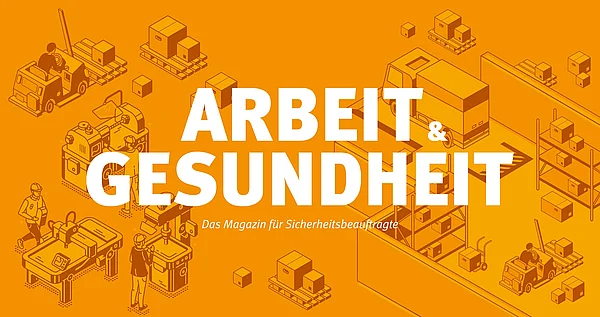 arbeit & gesundheit Vorschaubild mit vielen kleinen Illustrationen von Arbeitern in einem Logistikzentrum