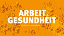 arbeit & gesundheit Vorschaubild mit vielen kleinen Illustrationen von Arbeitern in einem Logistikzentrum