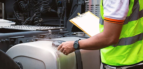 Ein Techniker in gelber Warnweste prüft Kraftstofftank am LKW