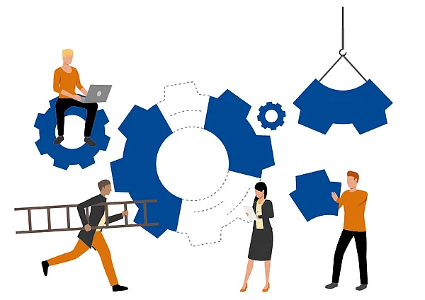 Grafik mit vier Personen vor einem großen Zahnrad