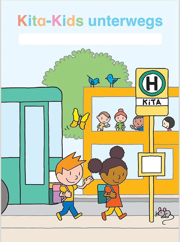 Cover der Broschüre: Zwei Kinder an Bushaltestelle, illustriert