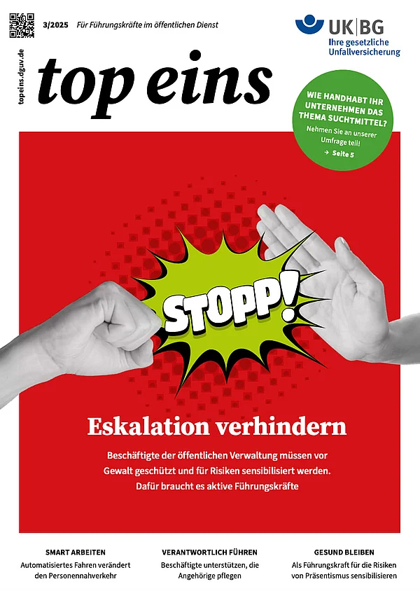 roter Hintergrund, Comic-Explosion mit „STOPP!“, eine Faust trifft auf eine ausgestreckte Stopp-Hand; Überschrift „Eskalation verhindern“ – Schutz von Beschäftigten vor Gewalt.