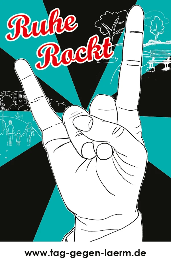 Illustrierte Hand, die das Rock-Zeichen "Pommesgabel" macht, mit Schriftzug "Ruhe rockt"