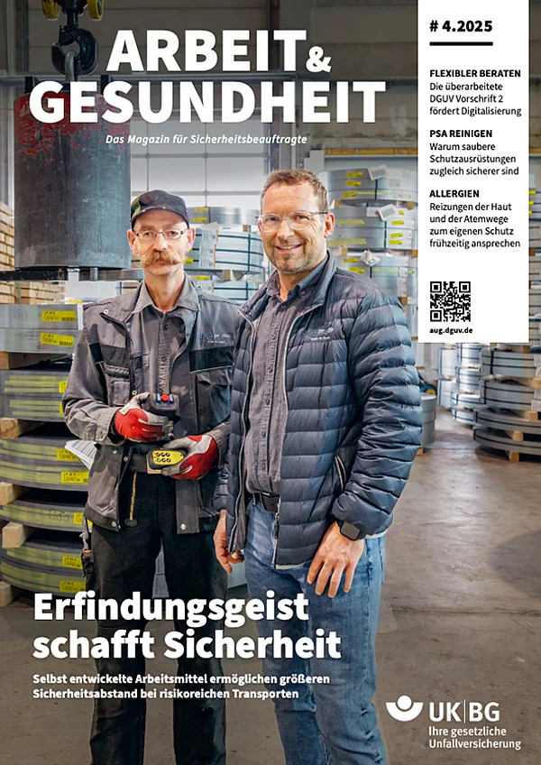 Magazin-Cover: Zwei Männer in Werkhalle. Titelbeitrag: „Erfindungsgeist schafft Sicherheit“