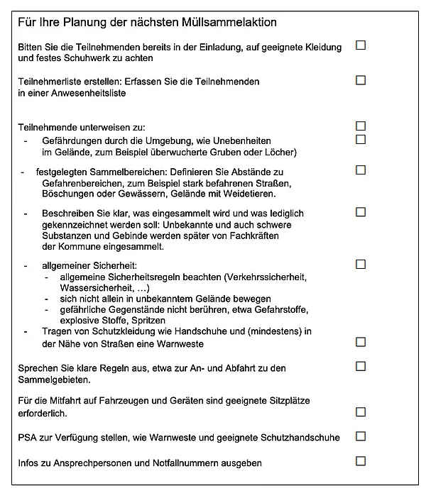 Checkliste "Für Ihre Planung der nächsten Müllsammelaktion"