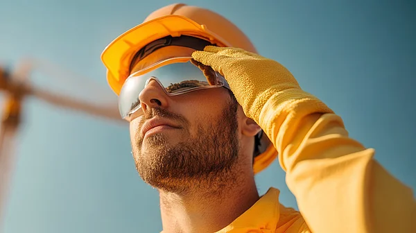 Bauarbeiter mit orangefarbenem Bauhelm, gleichfarbiger Sonnenbrille und Schutzhandschuhen.
