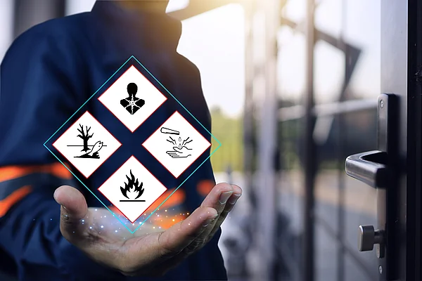 Vier Gefahrensymbole stehen auf einer Handfläche. 