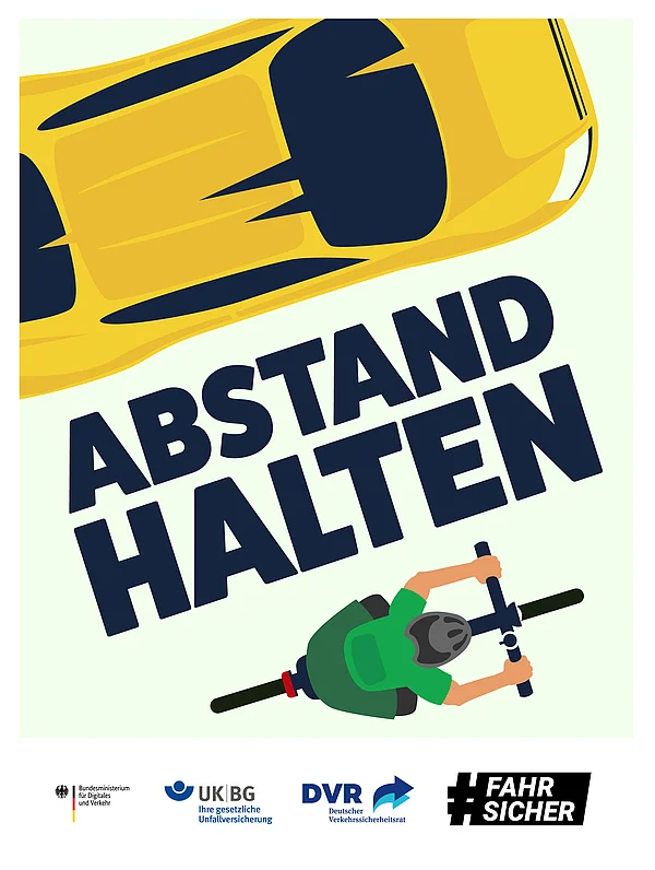 Kampagnenmotiv mit Auto und Fahrrad und Text: Abstand halten. 