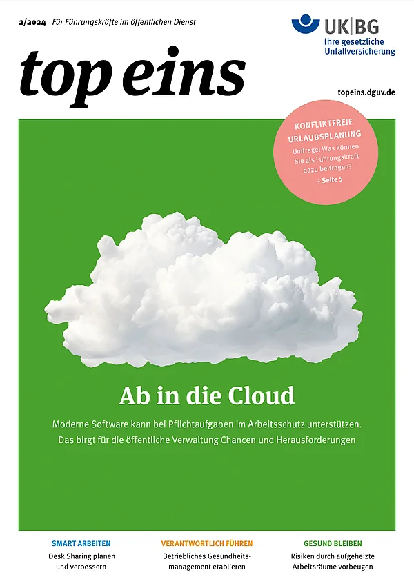 Titelbild des Magazins top eins: Wolke auf grünem Hintergrund mit Headline "Ab in die Cloud"