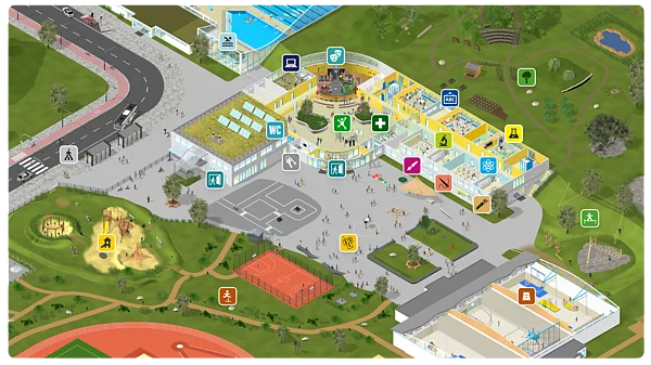 Vorschaubild der interaktiven, illustrierten Karte einer sicheren Schule auf sichere-schule.de