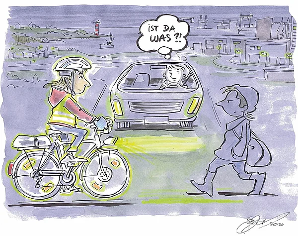 Auf einer dunklen Straße begegnen sich eine Radfahrerin, ein Fußgänger und ein Autofahrer. 