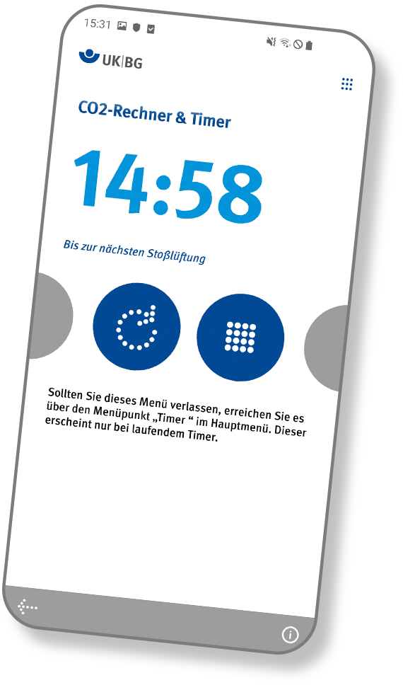 Startseite der App "CO2-Timer" des Instituts für Arbeitsschutz der Deutschen Gesetzlichen Unfallversicherung